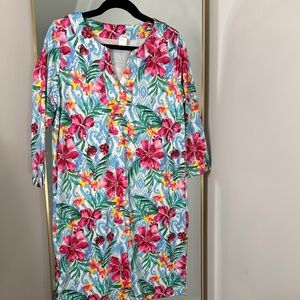 Floral V-Neck Long Sleeve Shift Dress in Pink and Blue